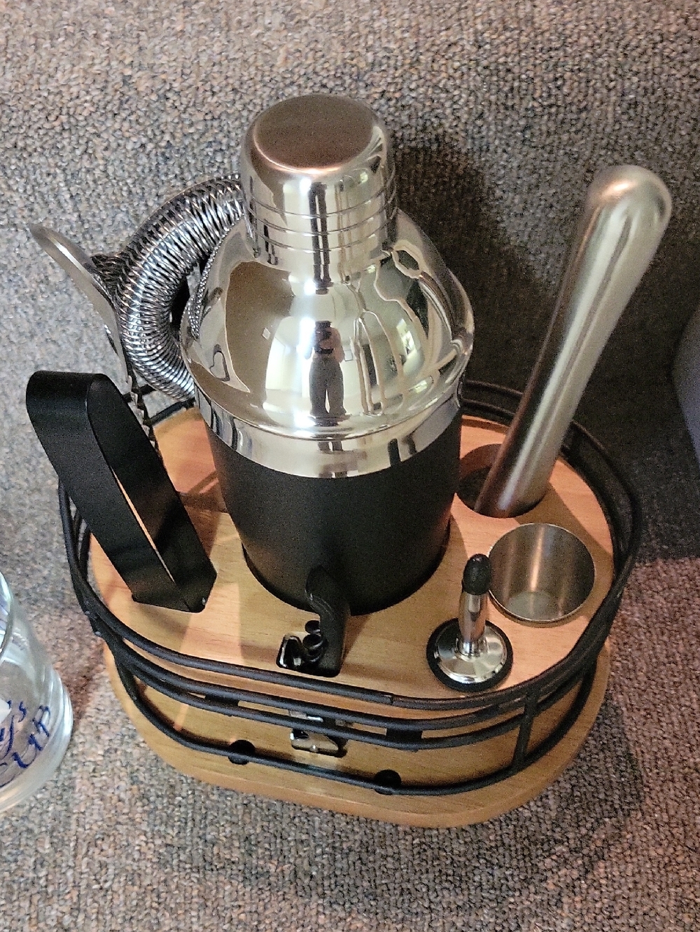 Stainless Steel & Black Cocktail Shaker Set with Wood Rack and Daddys Sippy Cup. - Picture 2 of 3
